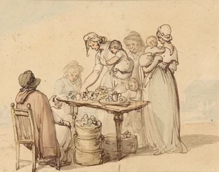 The Oyster Stall (caneta e tinta marrom com tinta no papel)